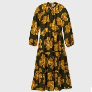 A New Day Floral Print Tiered Dress New Green Yellow Small